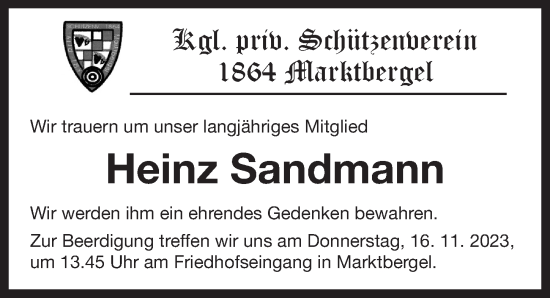 Traueranzeige von Heinz Sandmann von Neustadt/ Scheinfeld/ Uffenheim