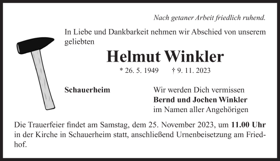 Traueranzeige von Helmut Winkler von Neustadt/ Scheinfeld/ Uffenheim