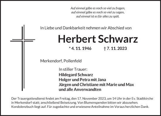 Traueranzeige von Herbert Schwarz von Ansbach