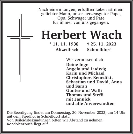 Traueranzeige von Herbert Wach von Dinkelsbühl/ Feuchtwangen