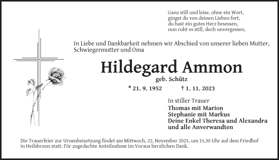 Traueranzeige von Hildegard Ammon von Ansbach