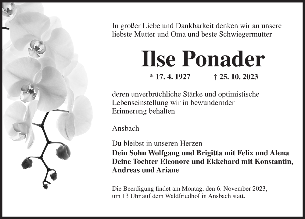  Traueranzeige für Ilse Ponader vom 03.11.2023 aus Ansbach