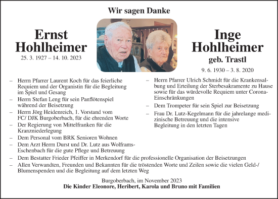 Traueranzeige von Inge Hohlheimer von Ansbach