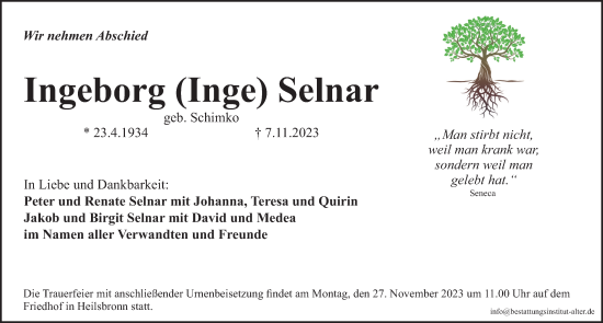 Traueranzeige von Ingeborg  Selnar von Ansbach