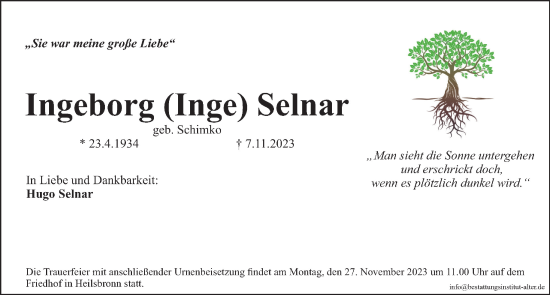 Traueranzeige von Ingeborg  Selnar von Ansbach