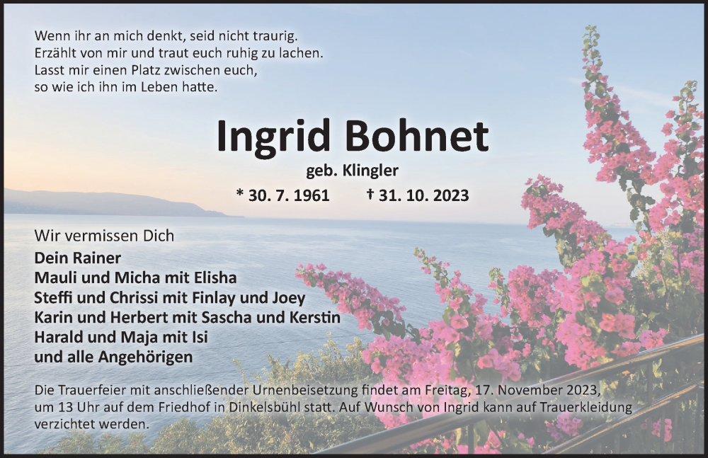  Traueranzeige für Ingrid Bohnet vom 14.11.2023 aus Dinkelsbühl/ Feuchtwangen