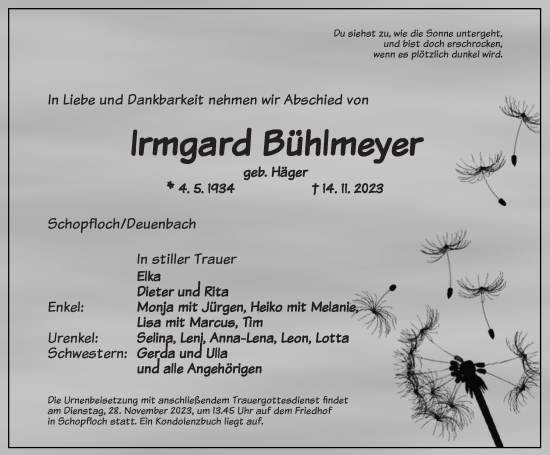 Traueranzeige von Irmgard Bühlmeyer von Dinkelsbühl/ Feuchtwangen