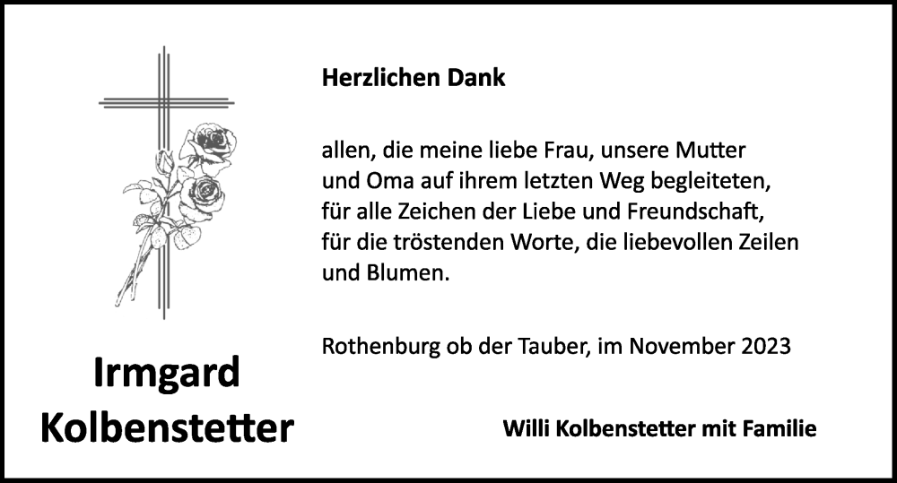  Traueranzeige für Irmgard Kolbenstetter vom 18.11.2023 aus Rothenburg