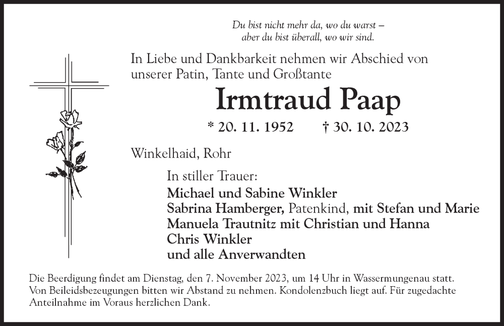  Traueranzeige für Irmtraud Paap vom 04.11.2023 aus Ansbach