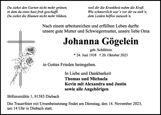 Traueranzeige von Johanna Gögelein von Rothenburg