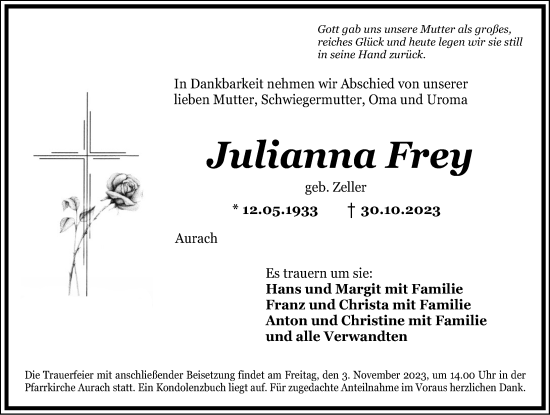 Traueranzeige von Julianna Frey von Ansbach