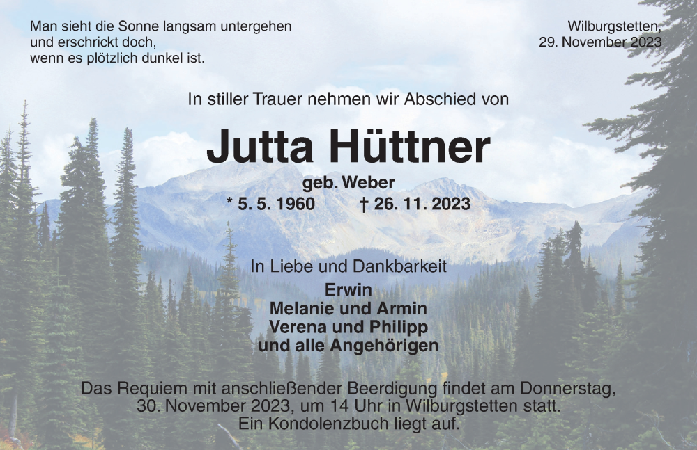  Traueranzeige für Jutta Hüttner vom 29.11.2023 aus Dinkelsbühl/ Feuchtwangen