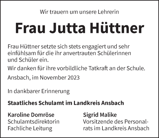 Traueranzeige von Jutta Hüttner von Ansbach