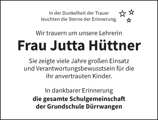 Traueranzeige von Jutta Hüttner von Dinkelsbühl/ Feuchtwangen