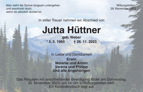 Traueranzeige von Jutta Hüttner von Dinkelsbühl/ Feuchtwangen