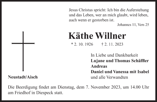 Traueranzeige von Käthe Willner von Neustadt/ Scheinfeld/ Uffenheim