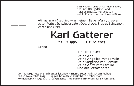 Traueranzeige von Karl Gatterer von Ansbach