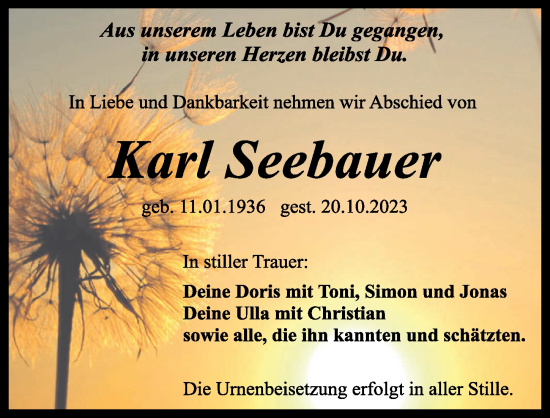 Traueranzeige von Karl Seebauer von Ansbach