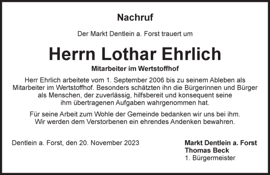Traueranzeige von Lothar Ehrlich von Dinkelsbühl/ Feuchtwangen