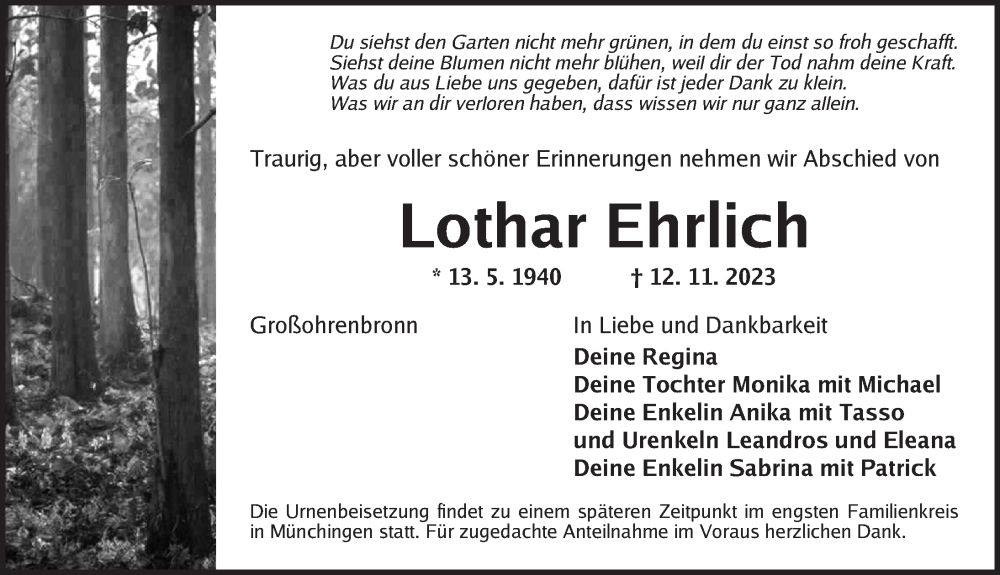 Traueranzeige für Lothar Ehrlich vom 15.11.2023 aus Dinkelsbühl/ Feuchtwangen