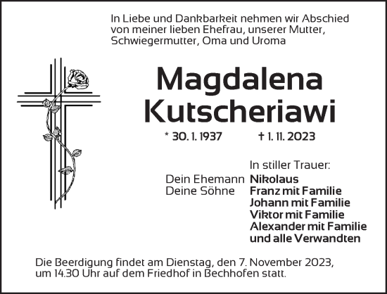 Traueranzeige von Magdalena Kutscheriawi von Dinkelsbühl/ Feuchtwangen