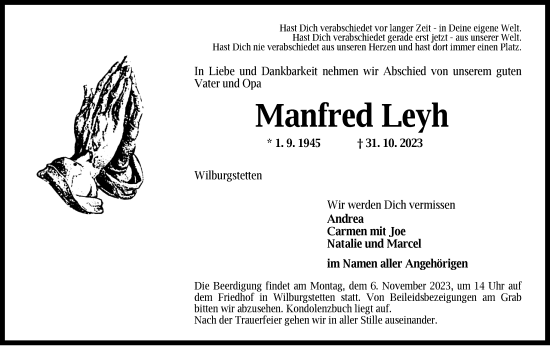 Traueranzeige von Manfred Leyh von Dinkelsbühl/ Feuchtwangen