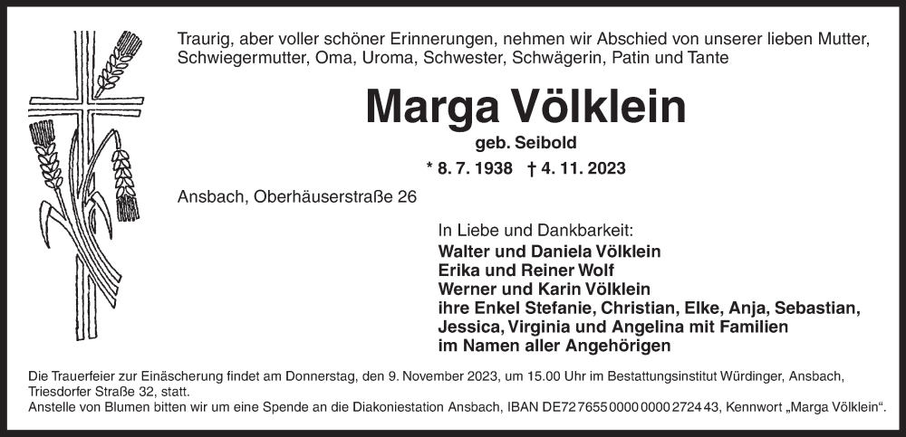  Traueranzeige für Marga Völklein vom 07.11.2023 aus Ansbach