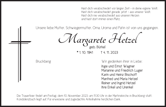 Traueranzeige von Margarete Hetzel von Ansbach