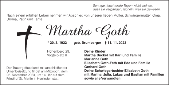 Traueranzeige von Marianne Goth von Ansbach