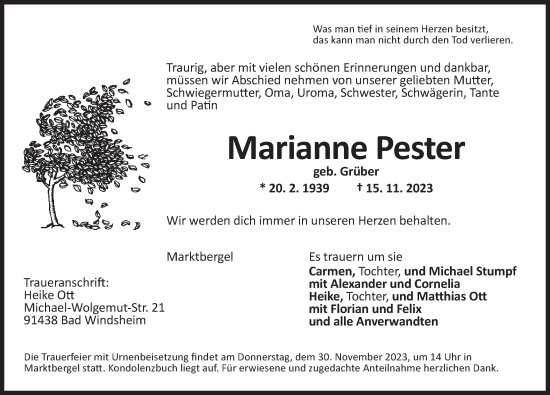 Traueranzeige von Marianne Pester von Neustadt/ Scheinfeld/ Uffenheim