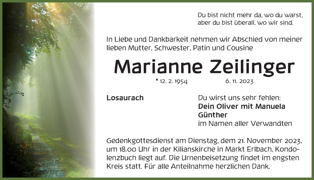  Traueranzeige für Marianne Zeilinger vom 16.11.2023 aus Neustadt/ Scheinfeld/ Uffenheim