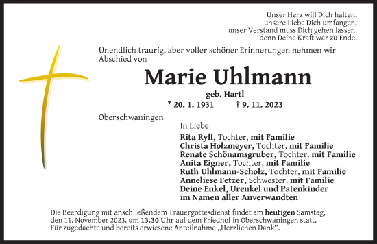 Traueranzeige von Marie Uhlmann von Dinkelsbühl/ Feuchtwangen