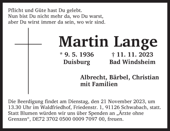 Traueranzeige von Martin Lange von Neustadt/ Scheinfeld/ Uffenheim