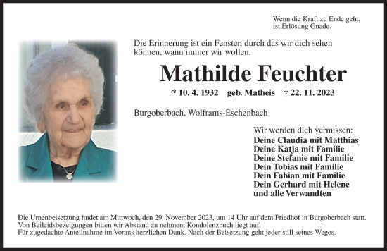 Traueranzeige von Mathilde Feuchter von Ansbach