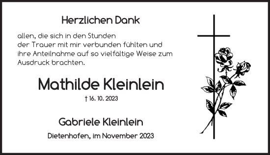 Traueranzeige von Mathilde Kleinlein von Ansbach