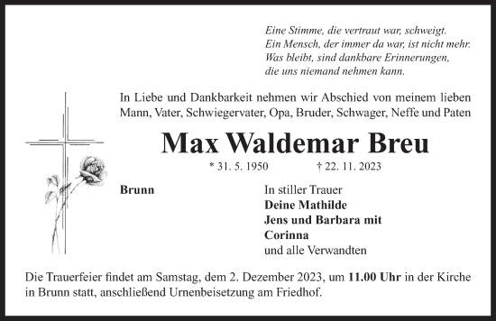 Traueranzeige von Max Waldemar Breu von Neustadt/ Scheinfeld/ Uffenheim