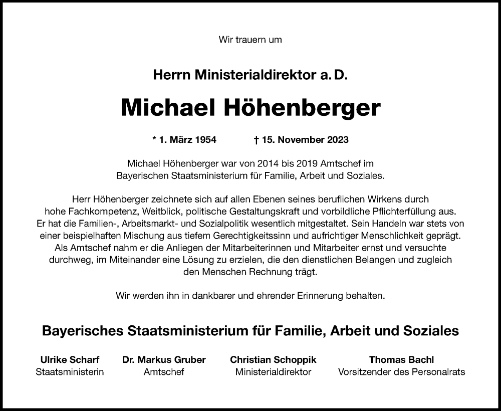  Traueranzeige für Michael Höhenberger vom 21.11.2023 aus Dinkelsbühl/ Feuchtwangen