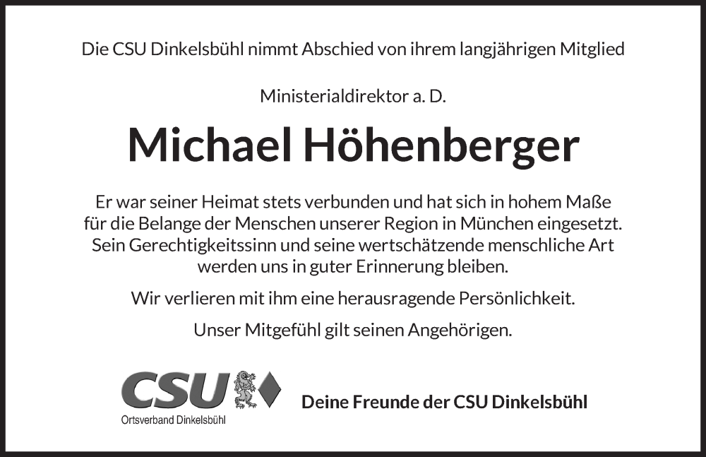  Traueranzeige für Michael Höhenberger vom 24.11.2023 aus Dinkelsbühl/ Feuchtwangen