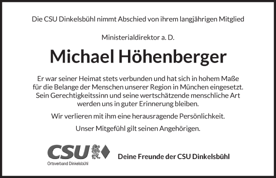 Traueranzeige von Michael Höhenberger von Dinkelsbühl/ Feuchtwangen