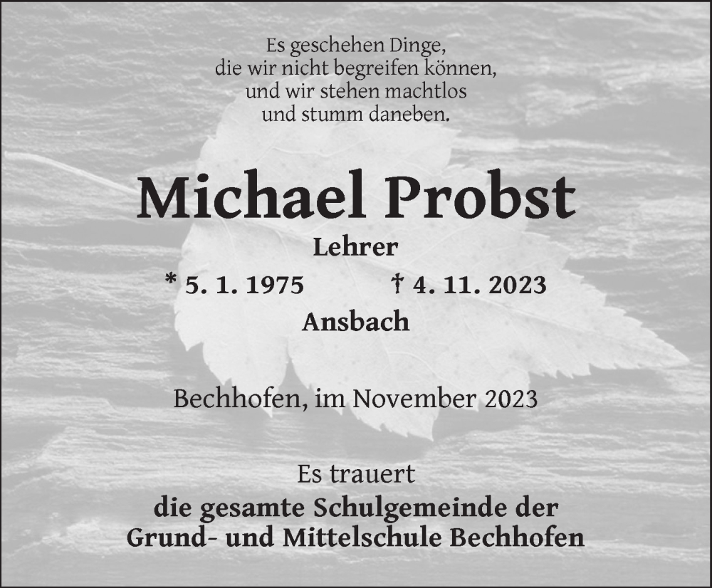  Traueranzeige für Michael Probst vom 11.11.2023 aus Ansbach