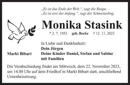 Traueranzeige von Monika Stasink von Neustadt/ Scheinfeld/ Uffenheim