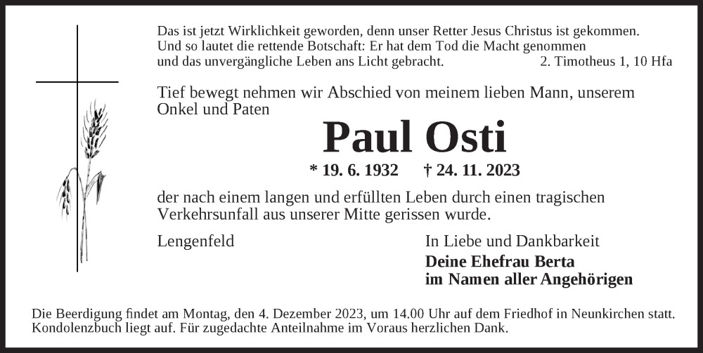  Traueranzeige für Paul Osti vom 30.11.2023 aus Ansbach
