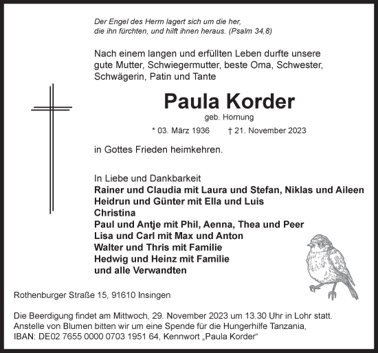 Traueranzeige von Paula Korder von Rothenburg