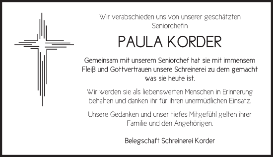 Traueranzeige von Paula Korder von Rothenburg