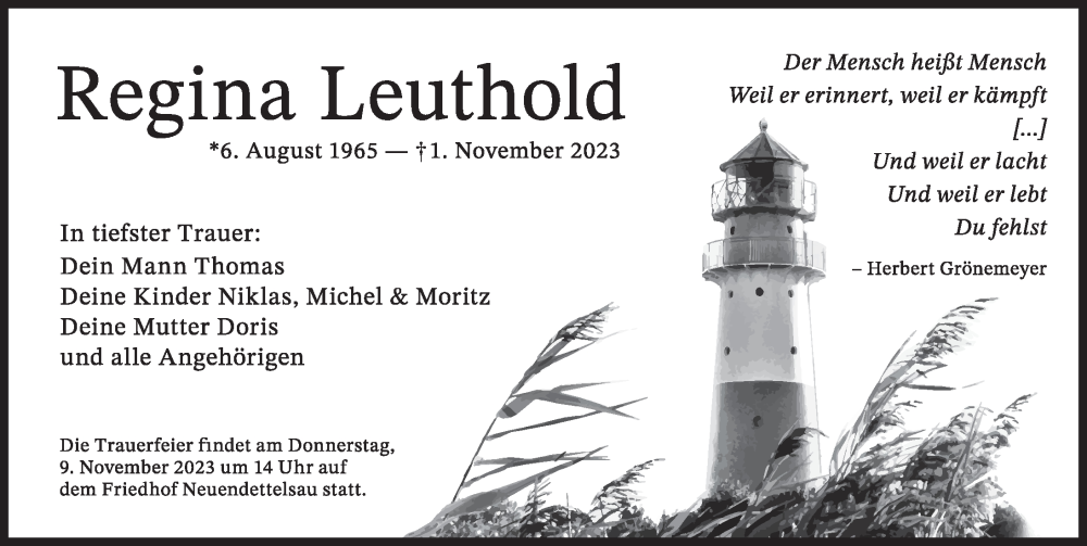  Traueranzeige für Regina Leuthold vom 04.11.2023 aus Ansbach