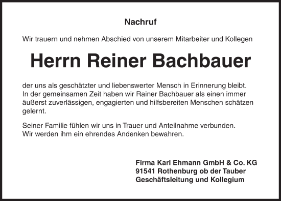 Traueranzeige von Reiner Bachbauer von Dinkelsbühl/ Feuchtwangen