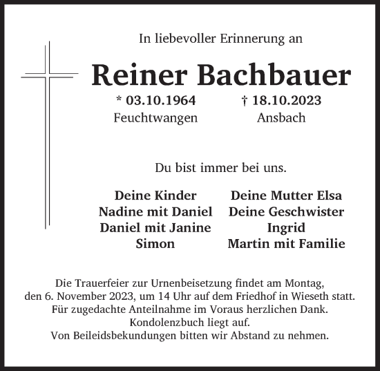 Traueranzeige von Reiner Bachbauer von Ansbach