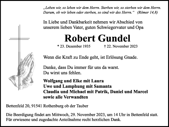 Traueranzeige von Robert Gundel von Rothenburg