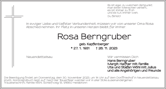Traueranzeige von Rosa Berngruber von Ansbach