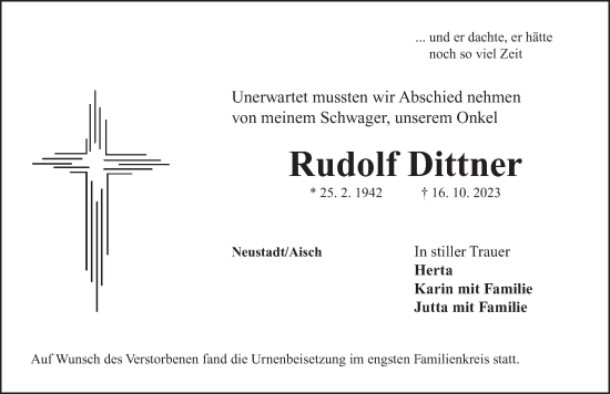 Traueranzeige von Rudolf Dittner von Neustadt/ Scheinfeld/ Uffenheim